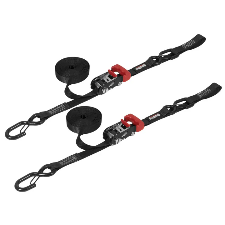 AFX Motorsports | 1In x 15Ft Ratchet Tie Down w/ Snap FtSFt Hooks w/ Soft Tie (2 Pack) - Black