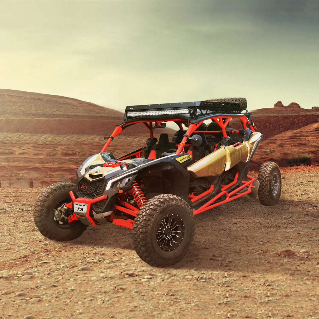 Off-road dune buggy in red and white, showcasing rugged tires, Can-Am Maverick X3.